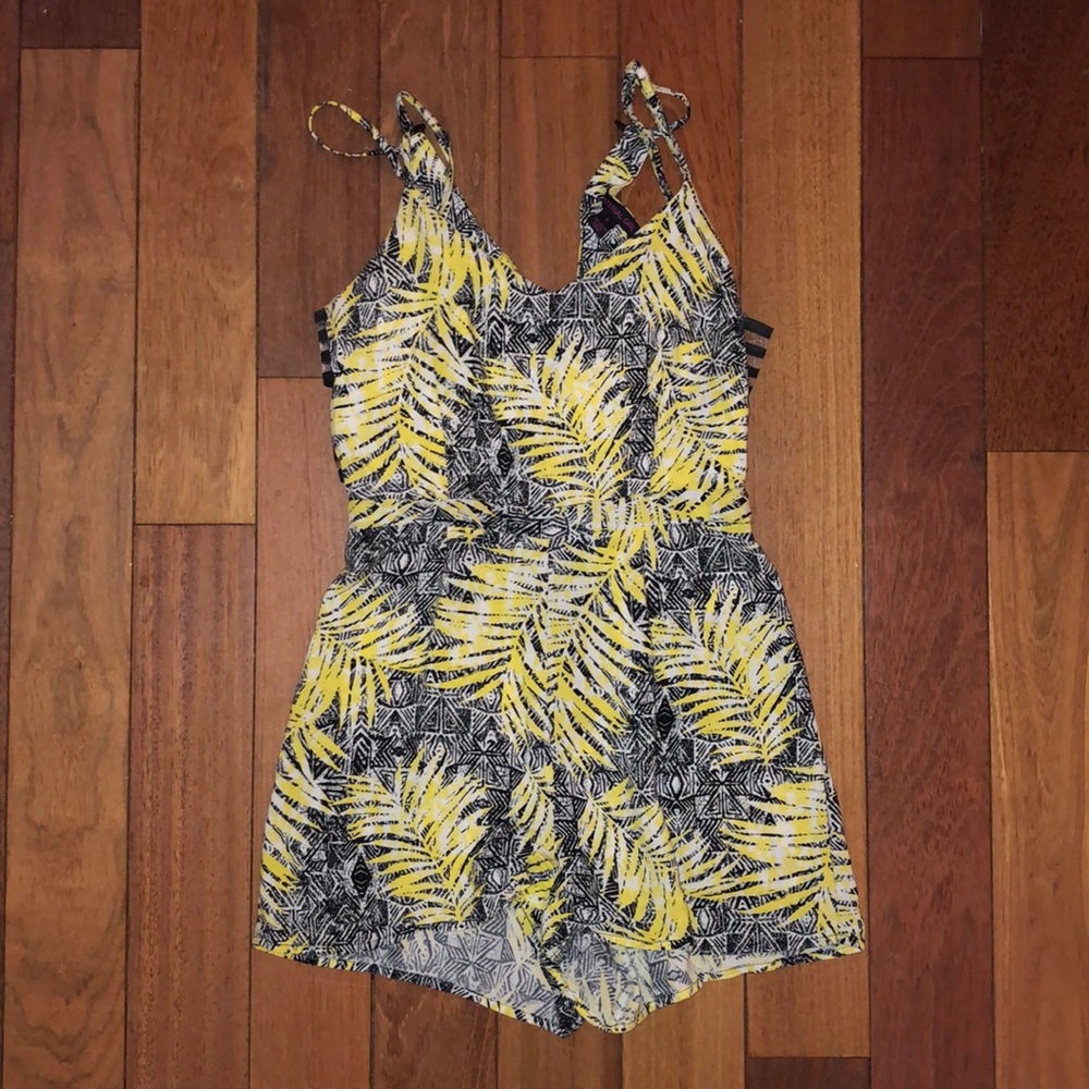 Fun Black White and Yellow Palm Printed Romper